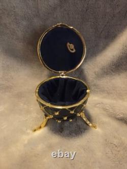 Vintage Fabergé Egg Music Box Black Gold Trinket Holder with Rhinestones
