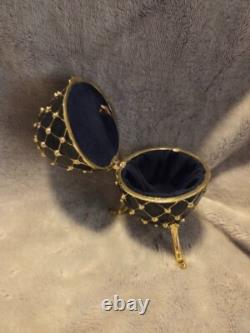 Vintage Fabergé Egg Music Box Black Gold Trinket Holder with Rhinestones
