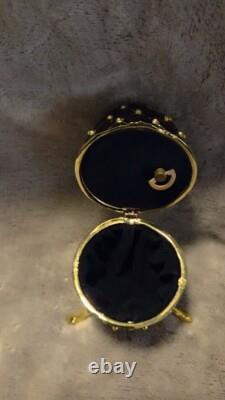 Vintage Fabergé Egg Music Box Black Gold Trinket Holder with Rhinestones