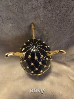 Vintage Fabergé Egg Music Box Black Gold Trinket Holder with Rhinestones
