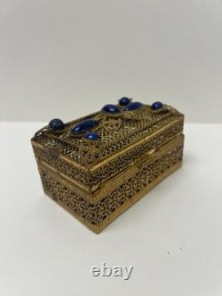 Vintage Filigree Gilt Brass Jewelry Trinket Box / Blue Lapis Lazuli Stone. Ornat