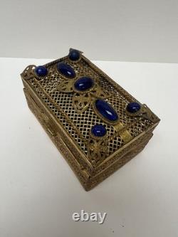 Vintage Filigree Gilt Brass Jewelry Trinket Box / Blue Lapis Lazuli Stone. Ornat