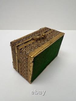 Vintage Filigree Gilt Brass Jewelry Trinket Box / Blue Lapis Lazuli Stone. Ornat