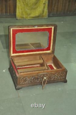 Vintage Floral Engraved Mirror Fitted Wooden Handcrafted Jewellery Box