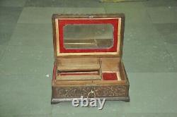 Vintage Floral Engraved Mirror Fitted Wooden Handcrafted Jewellery Box