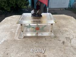 Vintage Folk Art Lucite Hand Painted Box with Bronze Dice On Lid Trinket Box