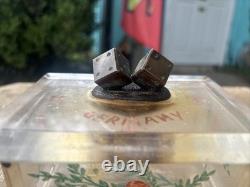 Vintage Folk Art Lucite Hand Painted Box with Bronze Dice On Lid Trinket Box
