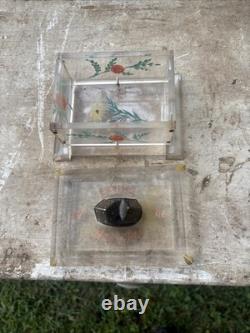 Vintage Folk Art Lucite Hand Painted Box with Bronze Dice On Lid Trinket Box
