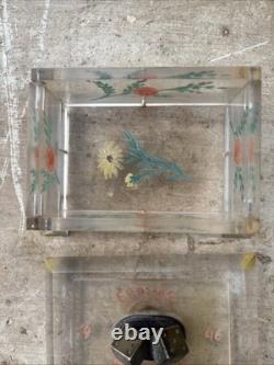 Vintage Folk Art Lucite Hand Painted Box with Bronze Dice On Lid Trinket Box