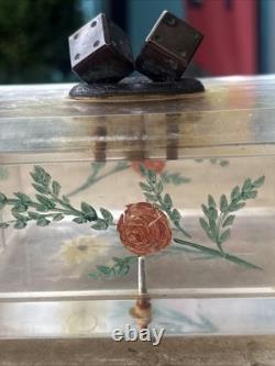Vintage Folk Art Lucite Hand Painted Box with Bronze Dice On Lid Trinket Box