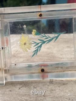 Vintage Folk Art Lucite Hand Painted Box with Bronze Dice On Lid Trinket Box