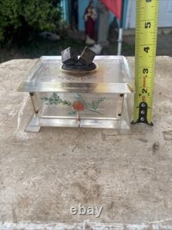 Vintage Folk Art Lucite Hand Painted Box with Bronze Dice On Lid Trinket Box