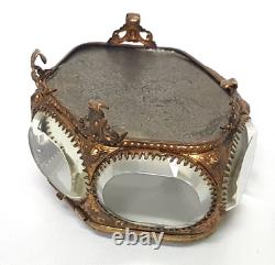 Vintage French Gilt Metal & Beveled Glass Hexagon Jewelry Casket Box