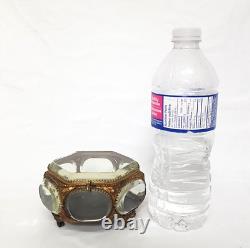 Vintage French Gilt Metal & Beveled Glass Hexagon Jewelry Casket Box