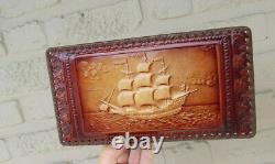 Vintage French leather wood Gloves Box maritime boat scene signed 1950