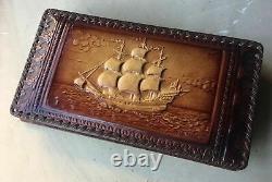 Vintage French leather wood Gloves Box maritime boat scene signed 1950