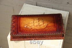 Vintage French leather wood Gloves Box maritime boat scene signed 1950