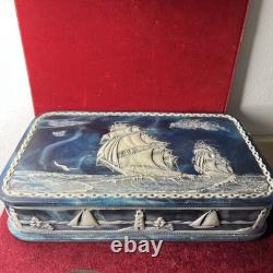 Vintage Genuine Incolay Stone Blue Mens Jewelry Box Ship Sailboat Lighthouse