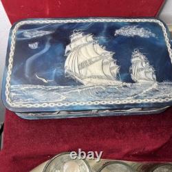 Vintage Genuine Incolay Stone Blue Mens Jewelry Box Ship Sailboat Lighthouse