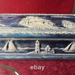 Vintage Genuine Incolay Stone Blue Mens Jewelry Box Ship Sailboat Lighthouse