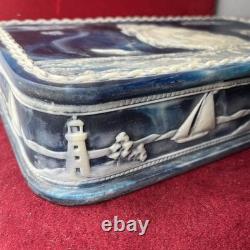 Vintage Genuine Incolay Stone Blue Mens Jewelry Box Ship Sailboat Lighthouse