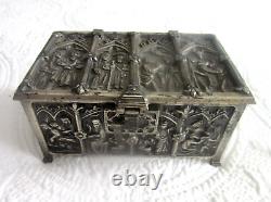 Vintage Gothic Revival Style Metal Jewelry Casket Box Biblical Scences