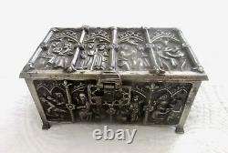 Vintage Gothic Revival Style Metal Jewelry Casket Box Biblical Scences