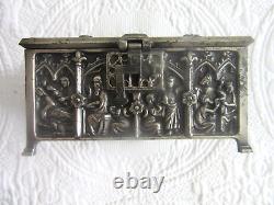 Vintage Gothic Revival Style Metal Jewelry Casket Box Biblical Scences