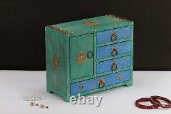 Vintage Green Blue Wood Jewelry Box Small Keepsake Drawer Shelf Box Brass Accent