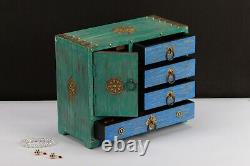 Vintage Green Blue Wood Jewelry Box Small Keepsake Drawer Shelf Box Brass Accent