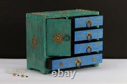 Vintage Green Blue Wood Jewelry Box Small Keepsake Drawer Shelf Box Brass Accent