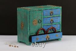 Vintage Green Blue Wood Jewelry Box Small Keepsake Drawer Shelf Box Brass Accent