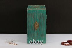 Vintage Green Blue Wood Jewelry Box Small Keepsake Drawer Shelf Box Brass Accent