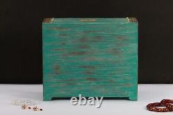 Vintage Green Blue Wood Jewelry Box Small Keepsake Drawer Shelf Box Brass Accent