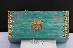 Vintage Green Blue Wood Jewelry Box Small Keepsake Drawer Shelf Box Brass Accent