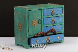 Vintage Green Blue Wood Jewelry Box Small Keepsake Drawer Shelf Box Brass Accent