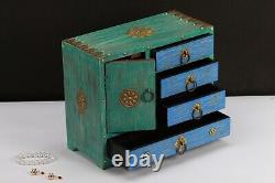 Vintage Green Blue Wood Jewelry Box Small Keepsake Drawer Shelf Box Brass Accent