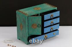 Vintage Green Blue Wood Jewelry Box Small Keepsake Drawer Shelf Box Brass Accent