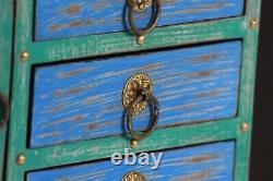 Vintage Green Blue Wood Jewelry Box Small Keepsake Drawer Shelf Box Brass Accent