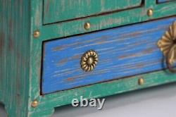 Vintage Green Blue Wood Jewelry Box Small Keepsake Drawer Shelf Box Brass Accent