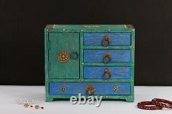 Vintage Green Blue Wood Jewelry Box Small Keepsake Drawer Shelf Box Brass Accent