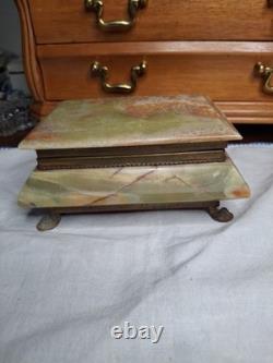 Vintage Green Onyx Jewelry Box With a hinged lid and With Red Velvet Inside