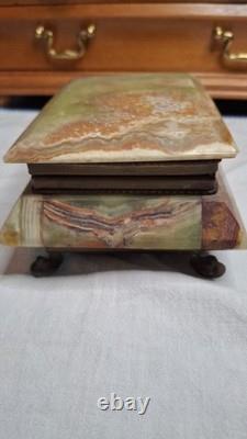 Vintage Green Onyx Jewelry Box With a hinged lid and With Red Velvet Inside