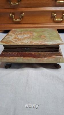 Vintage Green Onyx Jewelry Box With a hinged lid and With Red Velvet Inside