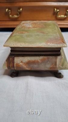 Vintage Green Onyx Jewelry Box With a hinged lid and With Red Velvet Inside