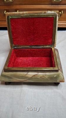 Vintage Green Onyx Jewelry Box With a hinged lid and With Red Velvet Inside