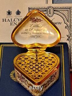 Vintage Halcyon Days Enamel Heart Shaped Music Box Mozarts Lullaby Doves