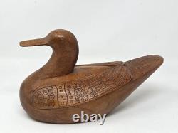 Vintage Hand Carved Teak Wood Duck Box Hidden Storage Art Decoy Trinket Folk Art