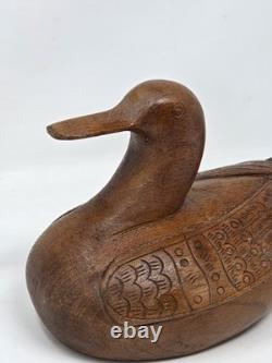 Vintage Hand Carved Teak Wood Duck Box Hidden Storage Art Decoy Trinket Folk Art