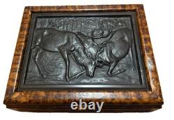 Vintage Hand-Carved Wood Box with Raised Bronze-Style Elk Fighting Scene